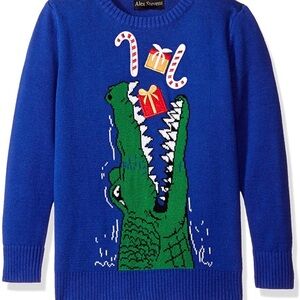 Alex Stevens Kids' Festive Blue Christm Sweater with Green Alligator Crocodile